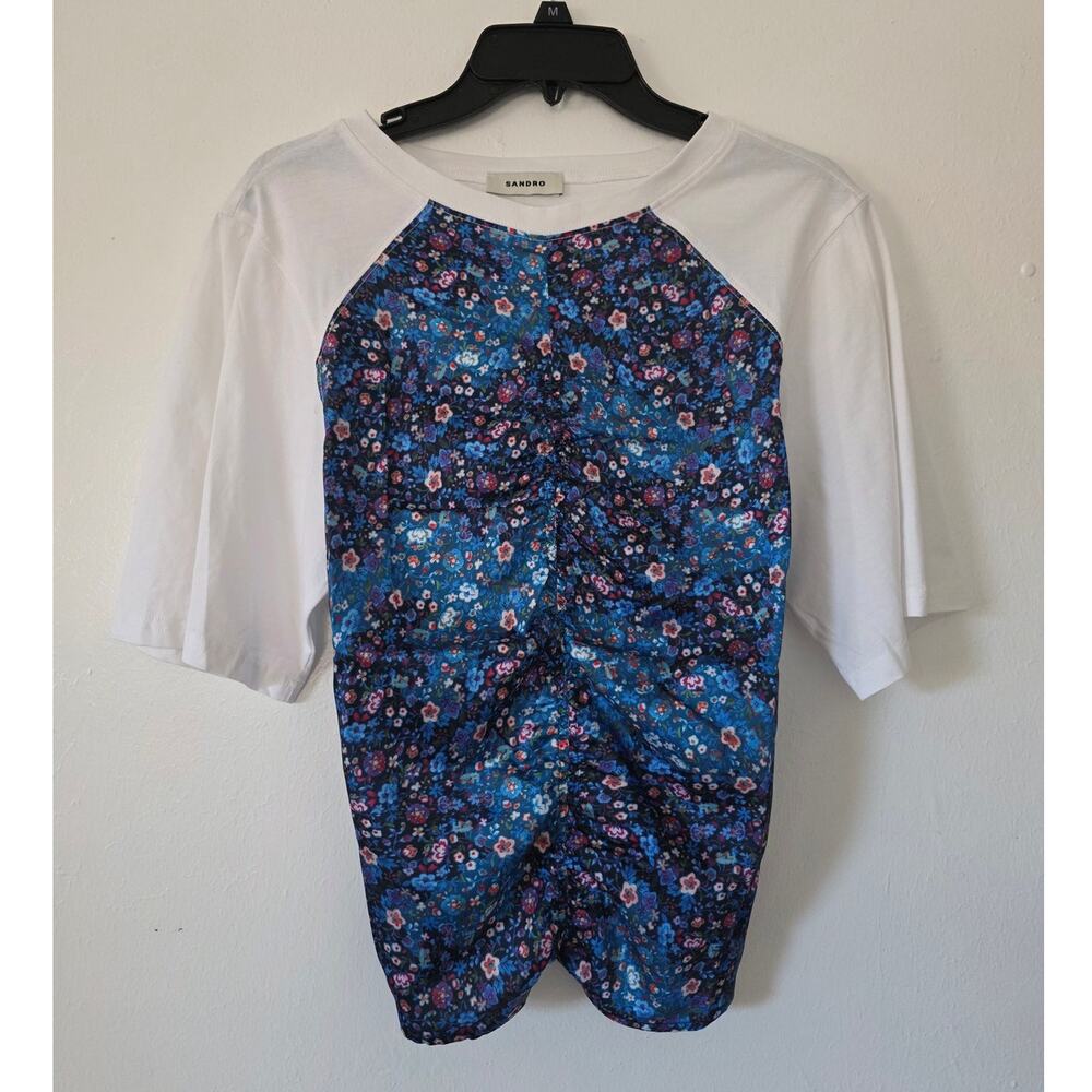 Sandro Lutetia Floral Print Mixed Media Top Open Back Tie Ruched Satin Blouse - Picture 2 of 12